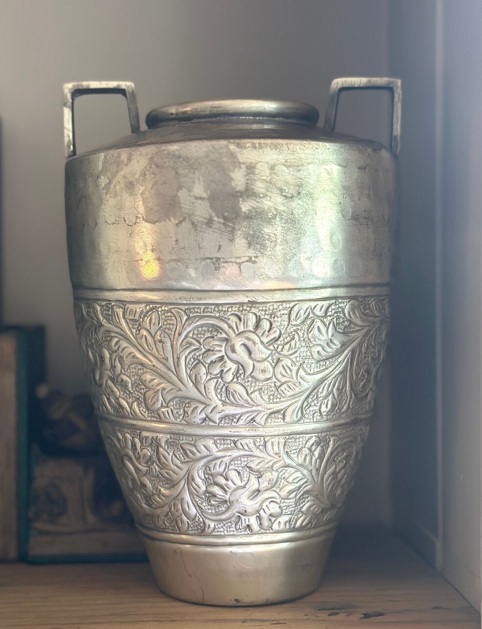 Early 20th Hand Hammered Century Art Deco Repoussé Chased Metal Urn Vase Early 20th Hand Hammered Century Art Deco Repoussé Chased Metal Urn Vase