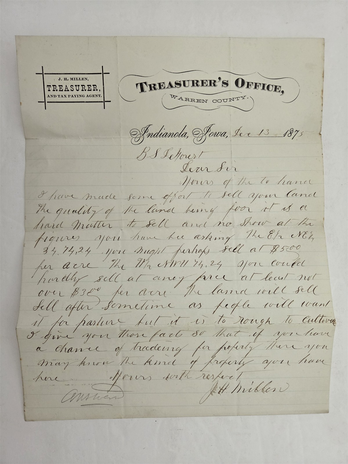 1875 antique WARREN COUNTY ia TREASURER OFFICE LETTERHEAD MILLEN LAND DeFOREST