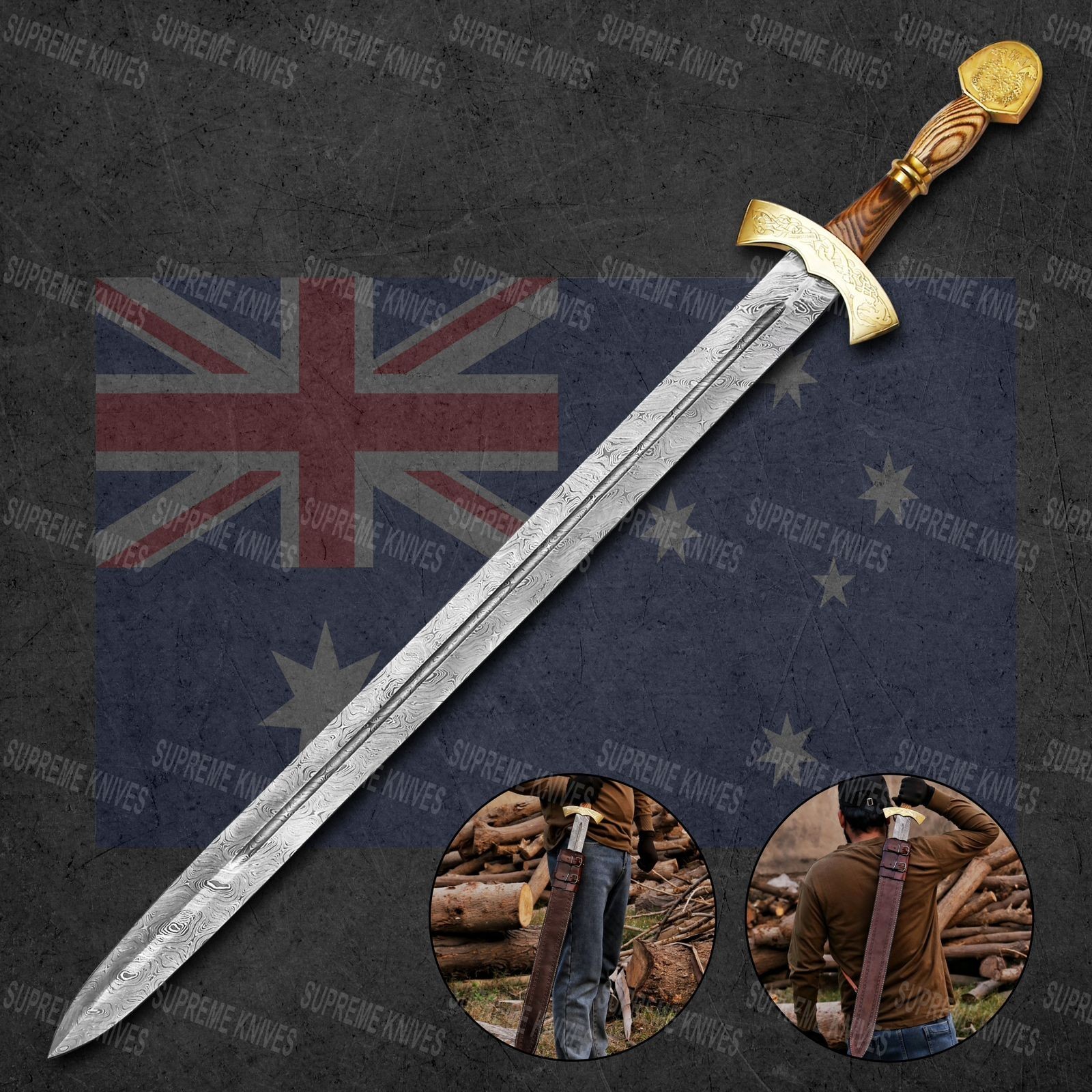Hand-Forged Damascus Steel Sword: Walnut Handle, Leather Sheath