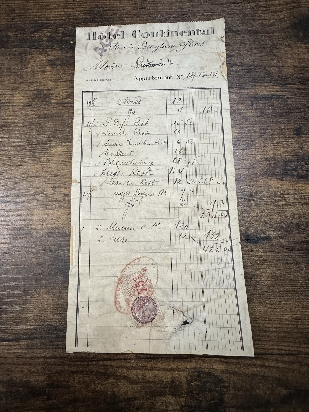 Antique Hotel Continental Paris Receipt French Revenue Stamp Ephemera