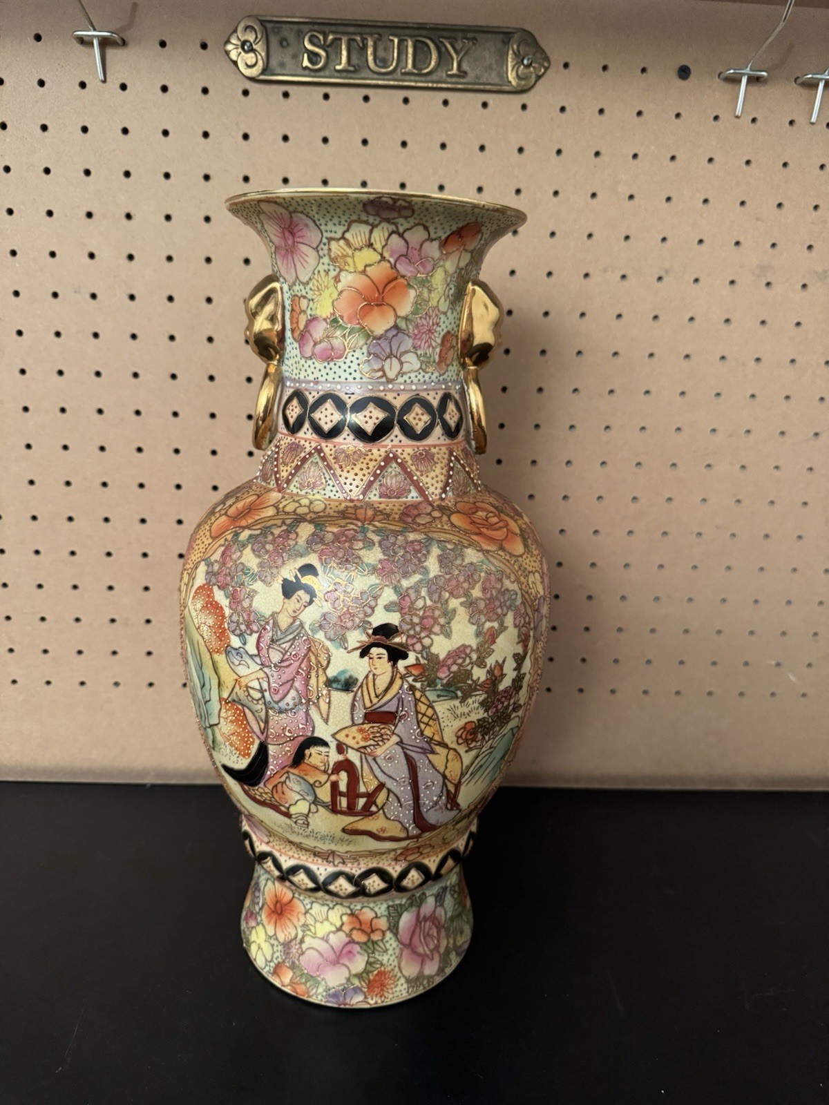 Vintage Large Oriental Floral Vase Hand Painted Raised Figural Scene 16\