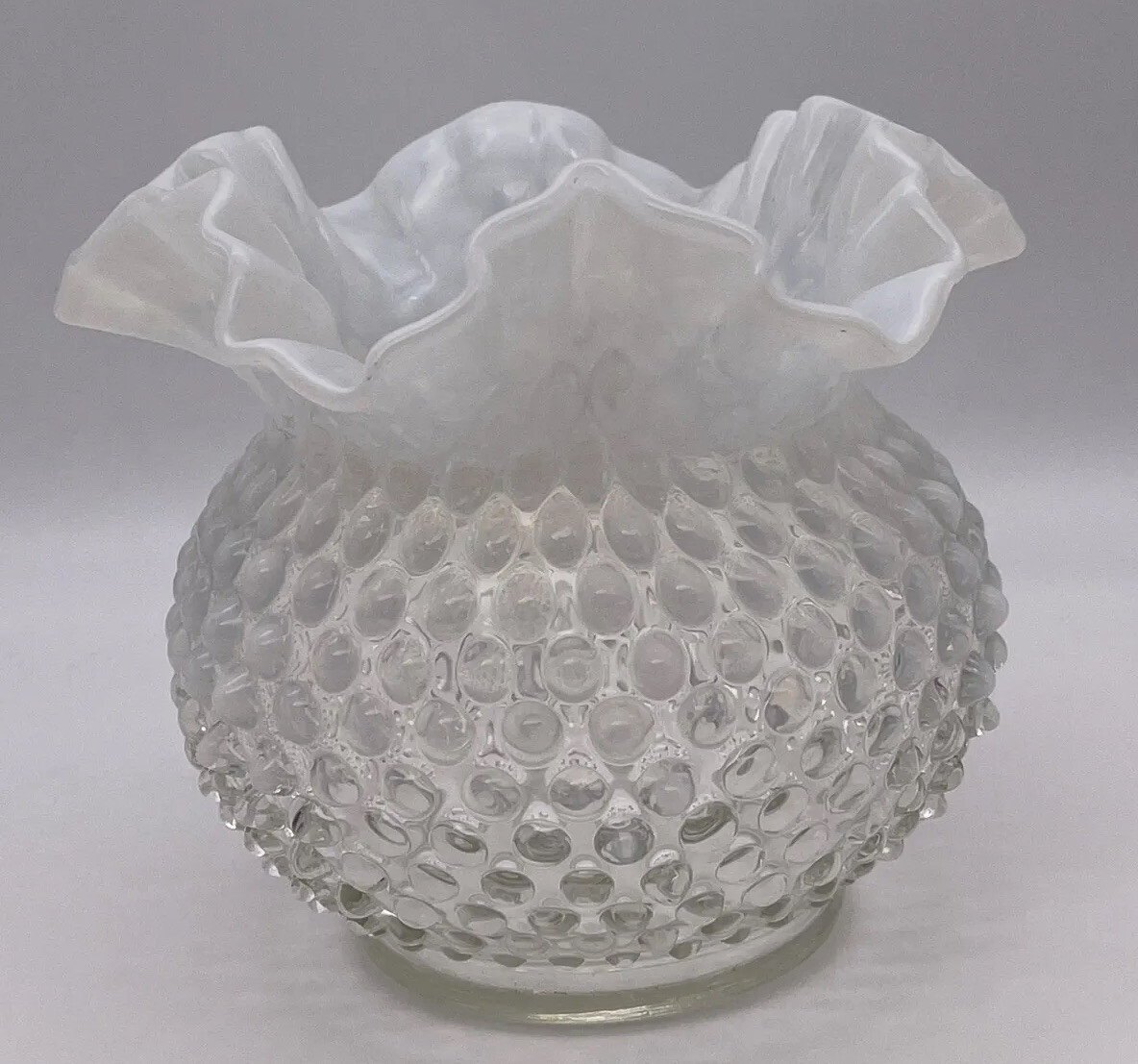 Vintage Fenton Opalescent Moonstone Hobnail Ruffled Rose Bowl Vase 5.5