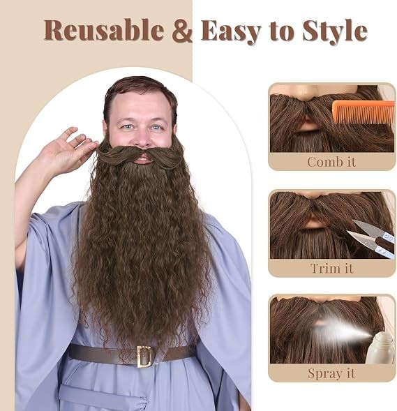 45cm Long Fake Beard Costume for Halloween, Wizard free size, Brown