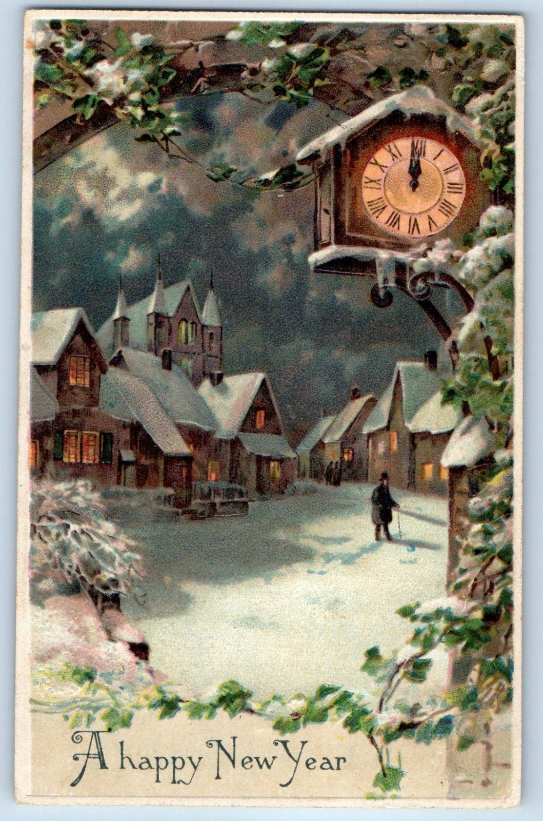 1907 New Year Winter Scene Clock Houses Embossed Clymer NY Antique Postcard