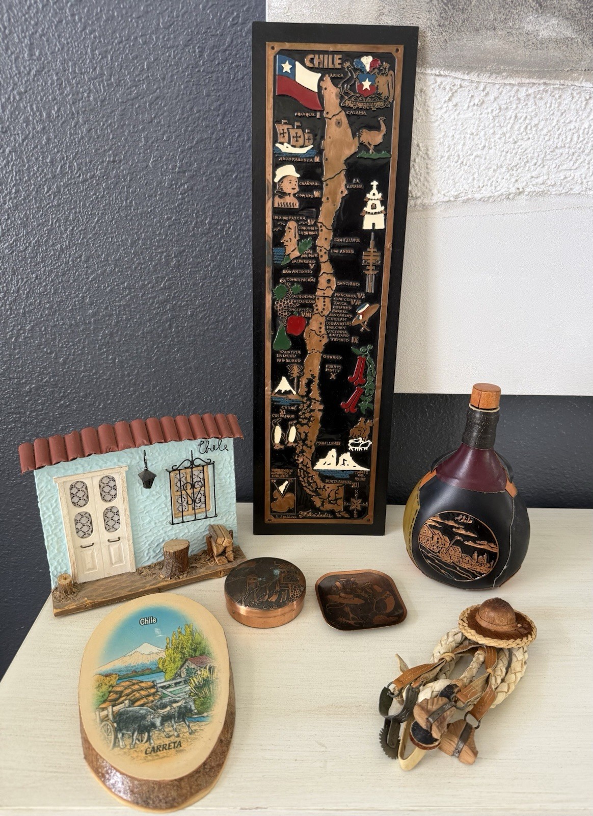 Lot Of 7 Vintage Souvenirs Chile Leather Decanter - Copper Hand Painted Plaque ￼