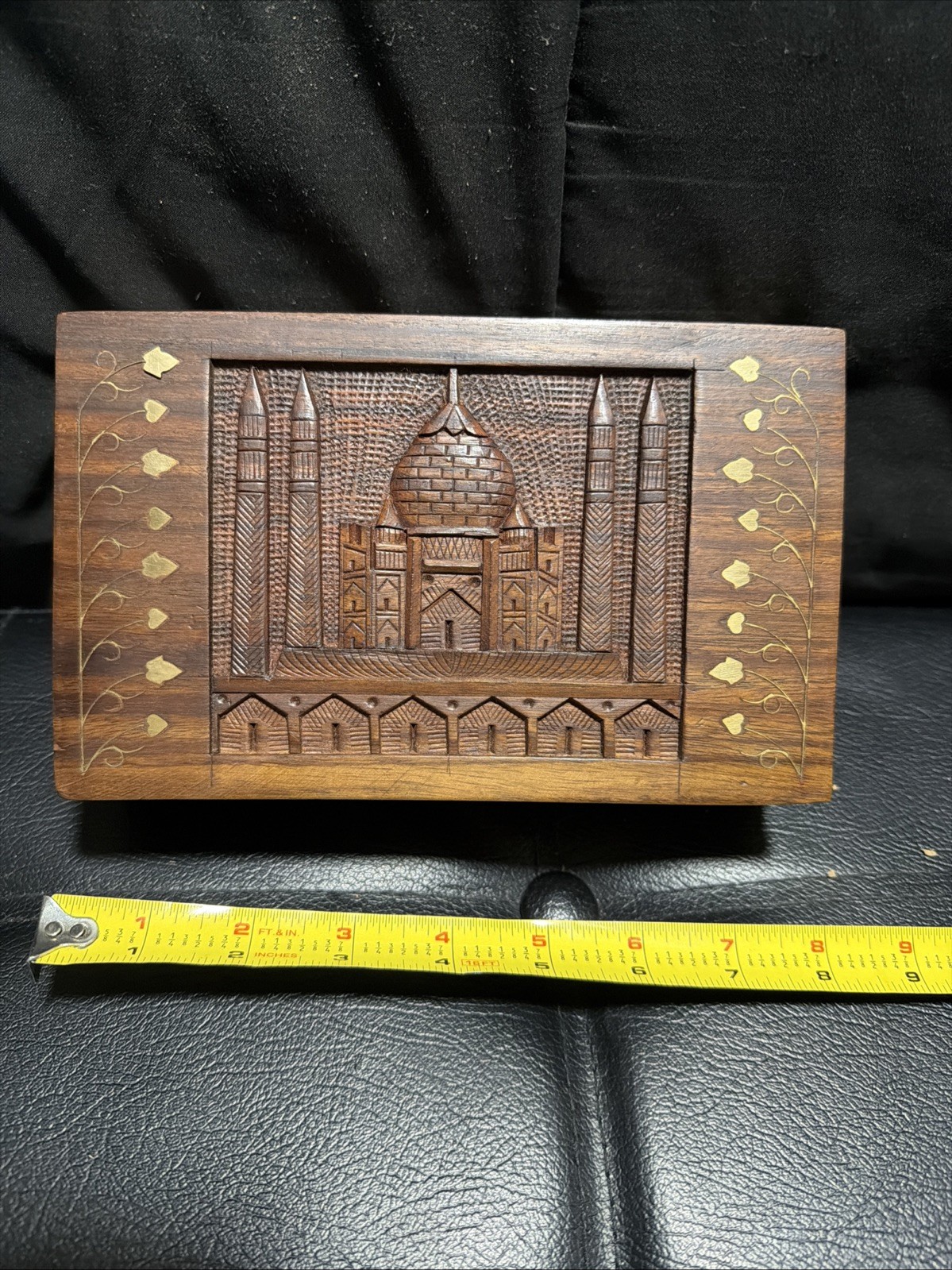 Hand Carved Wood Jewelry Box Taj Mahal India Brass Inlay Vintage Trinket Storage