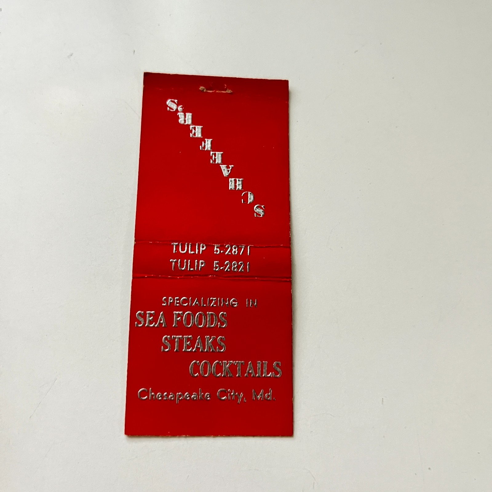 Schaeffer\'s Sea Foods Chesapeake MD Vintage Matchbook Cover 4MB98-2 Schaeffer\'s Sea Foods Chesapeake MD Vintage Matchbook Cover 4MB98-2