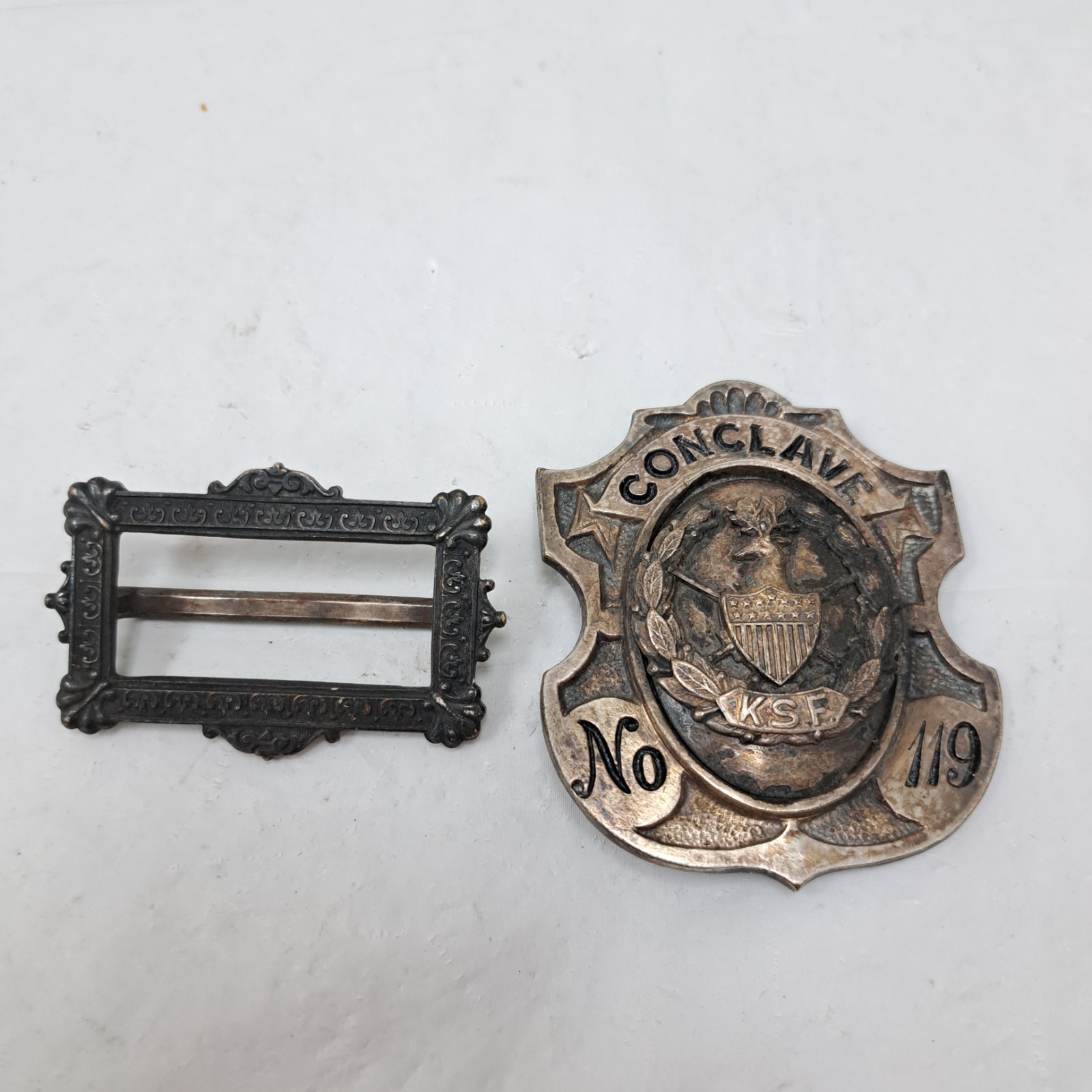 Belt Buckle W. Conclave KSF No 119 Shield Buck Wreath Masonic Knights Sherwood Belt Buckle W. Conclave KSF No 119 Shield Buck Wreath Masonic Knights Sherwood