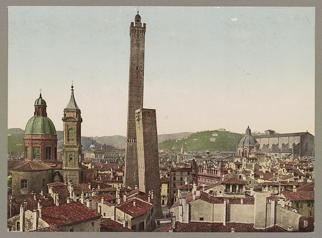 Photo:Bologna Italy 1900s Cityscape Towers Photoglob Color Postcard
