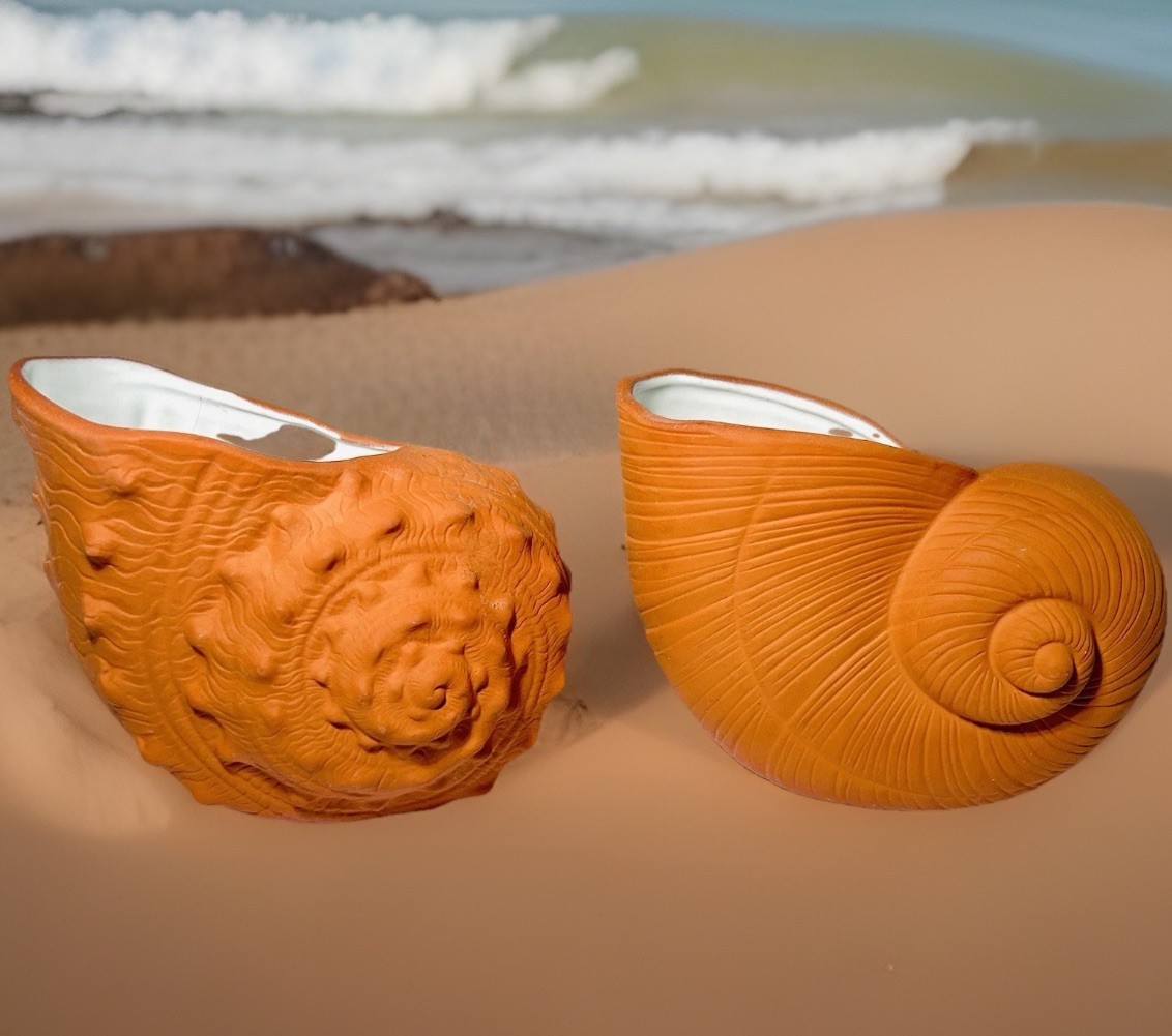 Set of Two Vintage Terra-Cotta Seashells Planters Japan Takahashi Pots