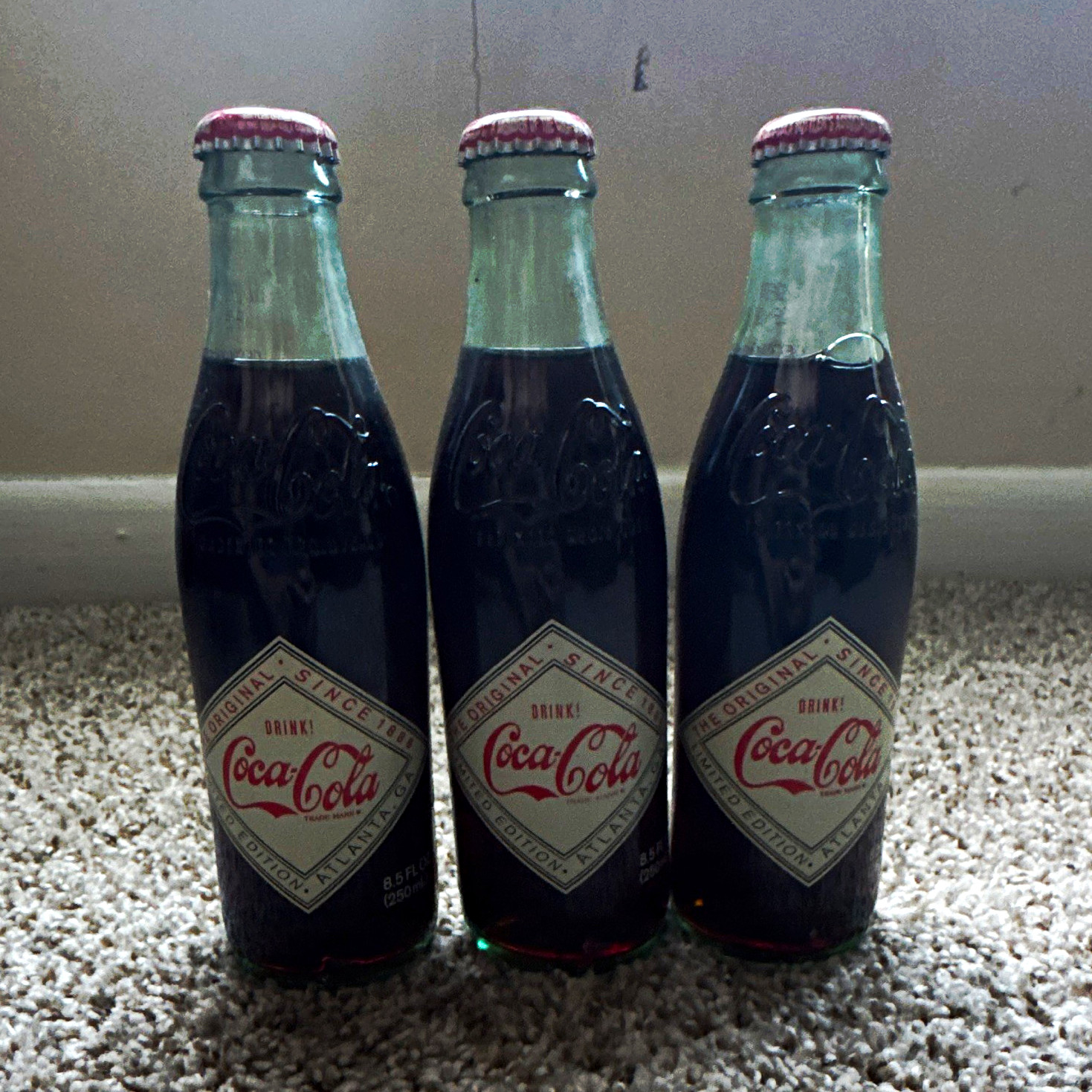 Coca-Cola Soda Theme 8.5 fl oz Glass Bottles w/ Caps - Lot/Set of 3