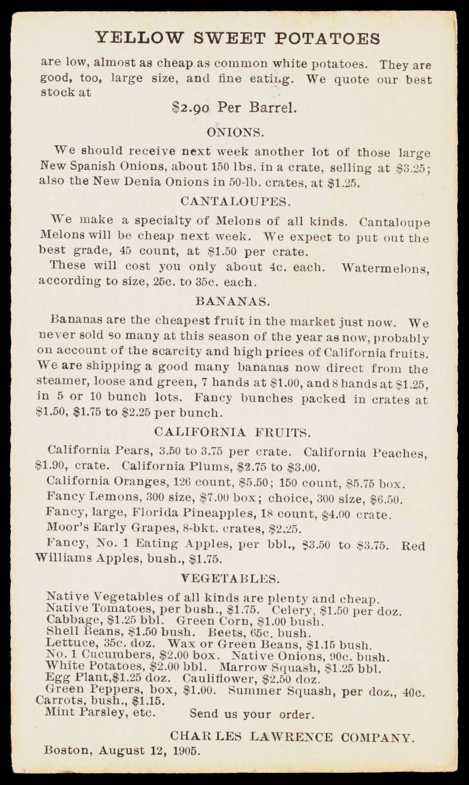 1905 Charles Lawrence Co Boston MA Produce Fruit Vegetable Price List Postal Car 1905 Charles Lawrence Co Boston MA Produce Fruit Vegetable Price List Postal Car
