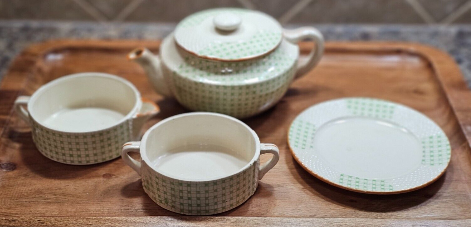 Vtg stackable teapot creamer & sugar bowl Japan green checked