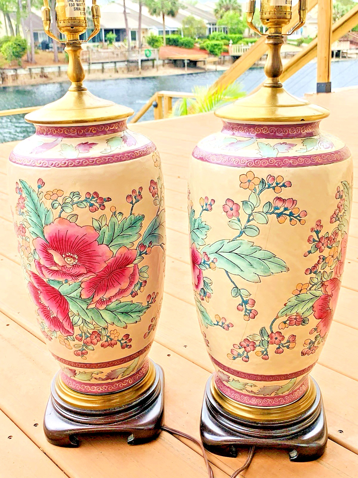 Vintage Pair 2 Floral Porcelain Table Lamps Asian Chinoiserie Ginger Jar Wooden