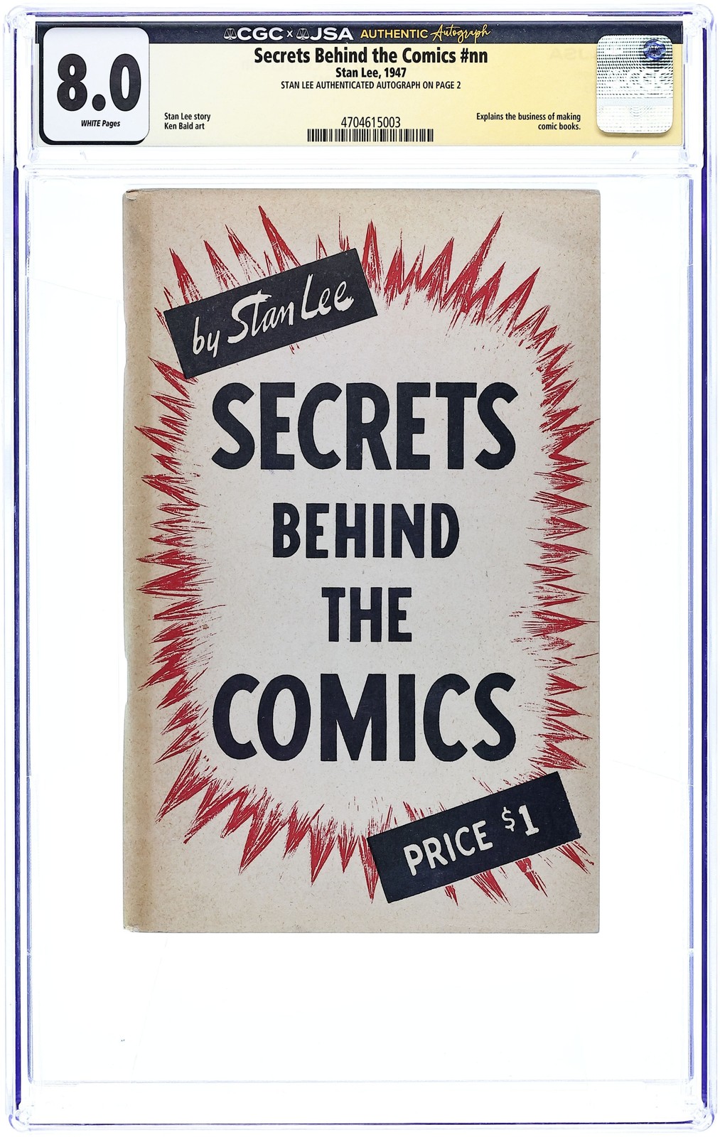 Secrets Behind the Comics by Stan Lee 1947 CGC 8.0 JSA Stan Lee 4704615003