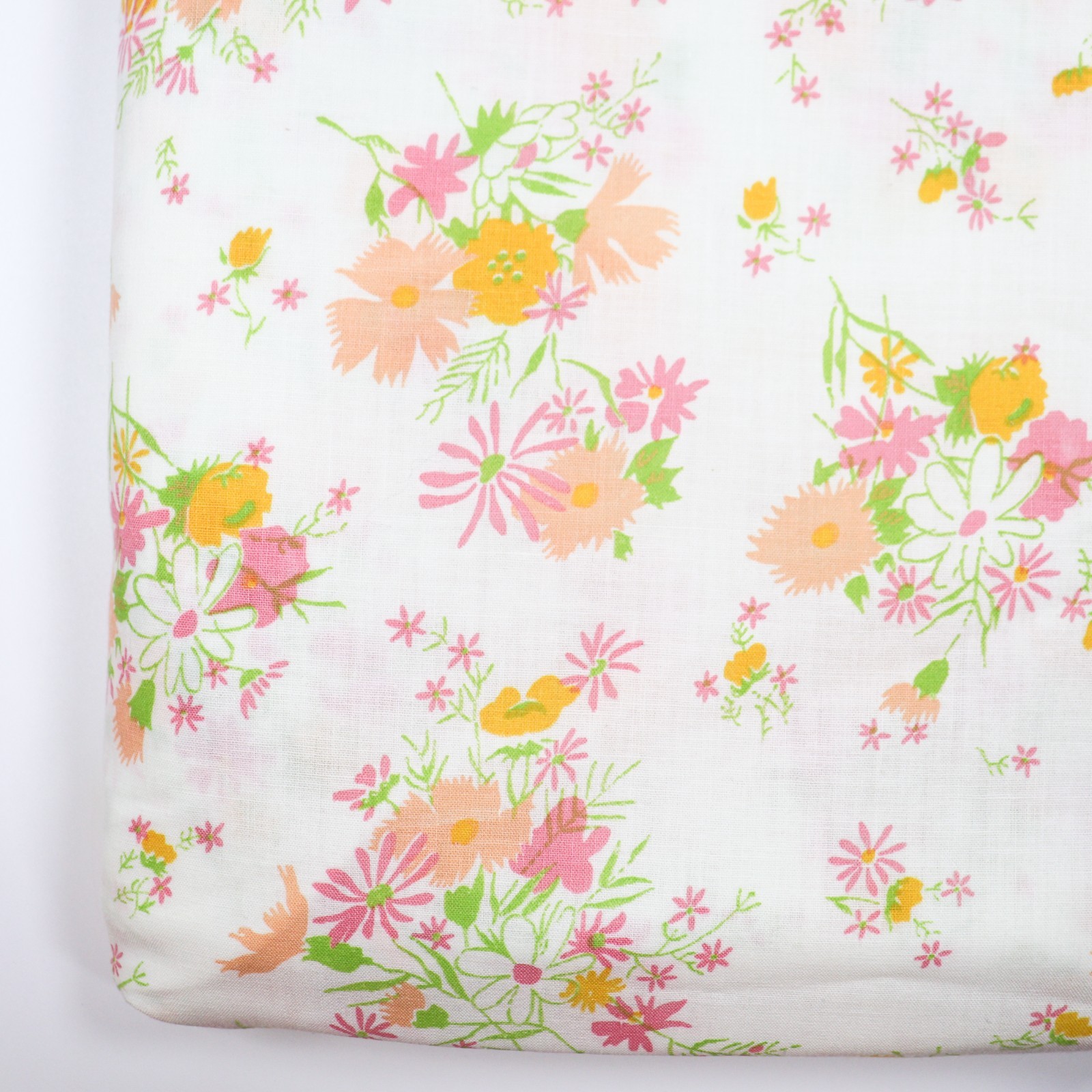 Vintage Full Flat Bed Sheet Yellow Orange Pink Floral Flowers 1960s Fabric