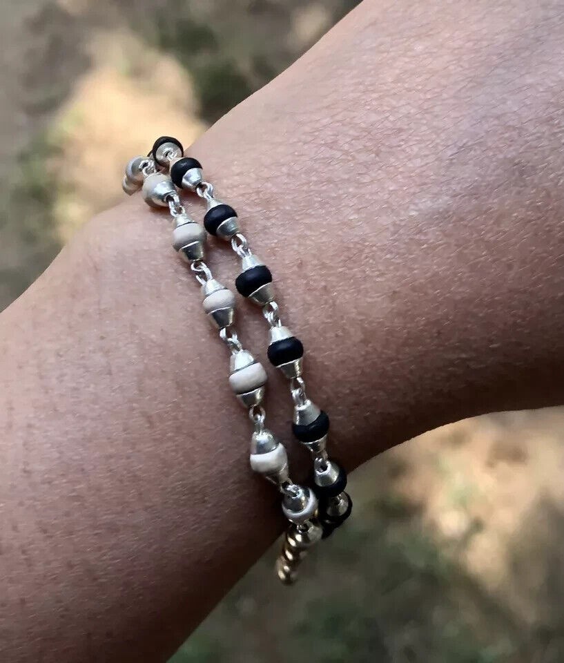 Black + White TULSI TULASI Bracelet, 999 pure Silver Caps 8-8.5 inch 6.25 gm