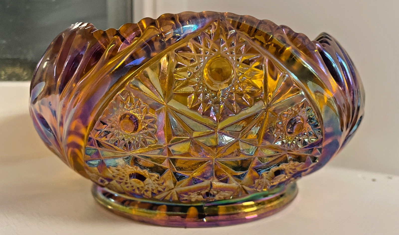 Vintage Marigold Carnival glass dish bowl LE Smith Hobstar stars Sawtooth EAPG