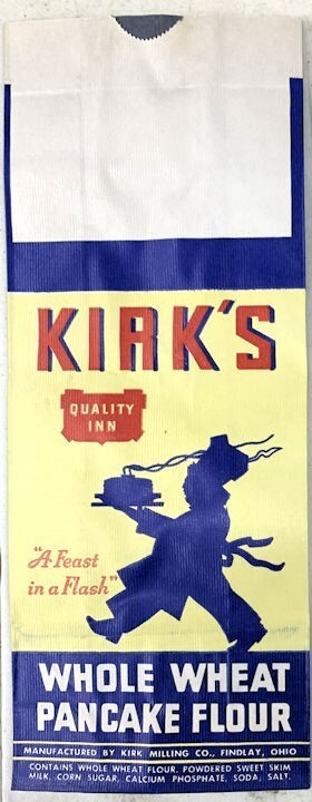 1940s Kirk's Whole Wheat Pancake Flour Bag w/Chef & a Hot Plate of Pancakes- NOS