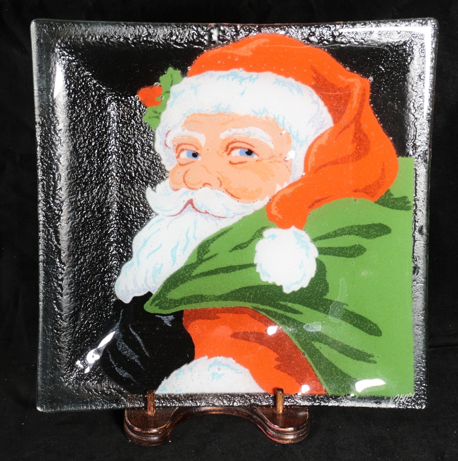 Peggy Karr Square Santa Plate Christmas Party Fused Glass Platter