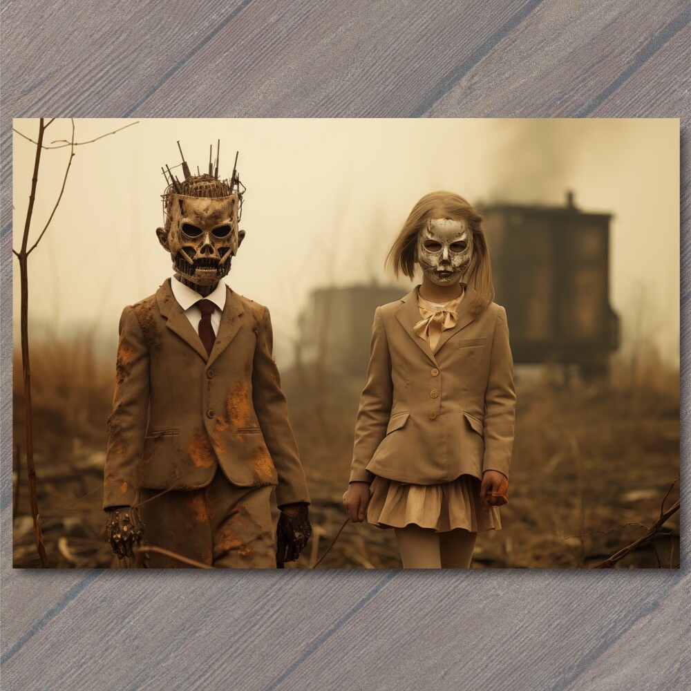 POSTCARD Bad Kids Weird Vibe Field Metal Masks Strange Apocalypse Unusual Creepy POSTCARD Bad Kids Weird Vibe Field Metal Masks Strange Apocalypse Unusual Creepy
