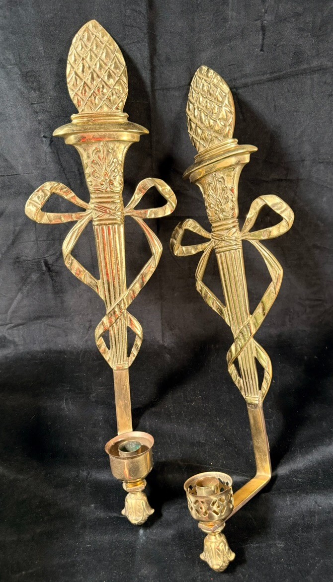 Virginia Metalcrafters Brass Antique Wall Scones Torch, Ribbon, & Pineapple (A9)