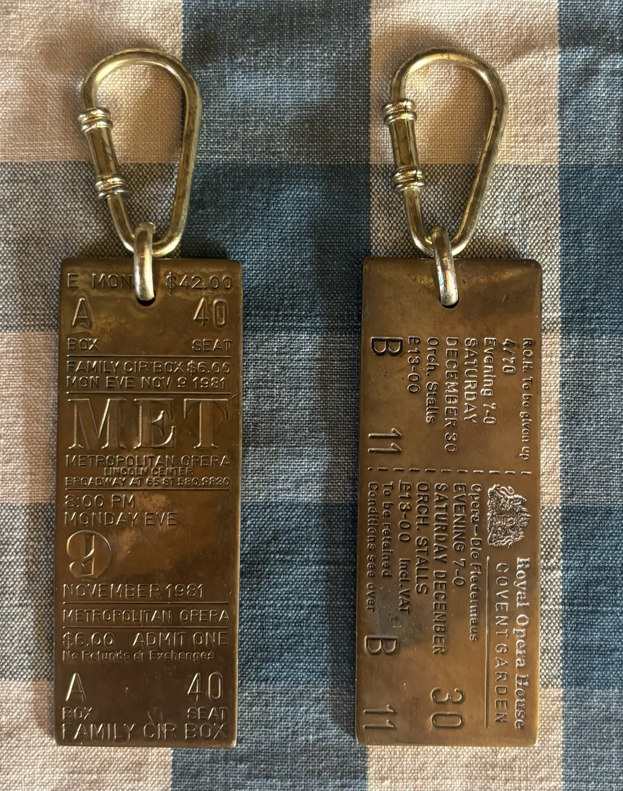 Vintage Brass Opera Ticket Keychain Souvenir MET And Covent Garden Lot Of 2