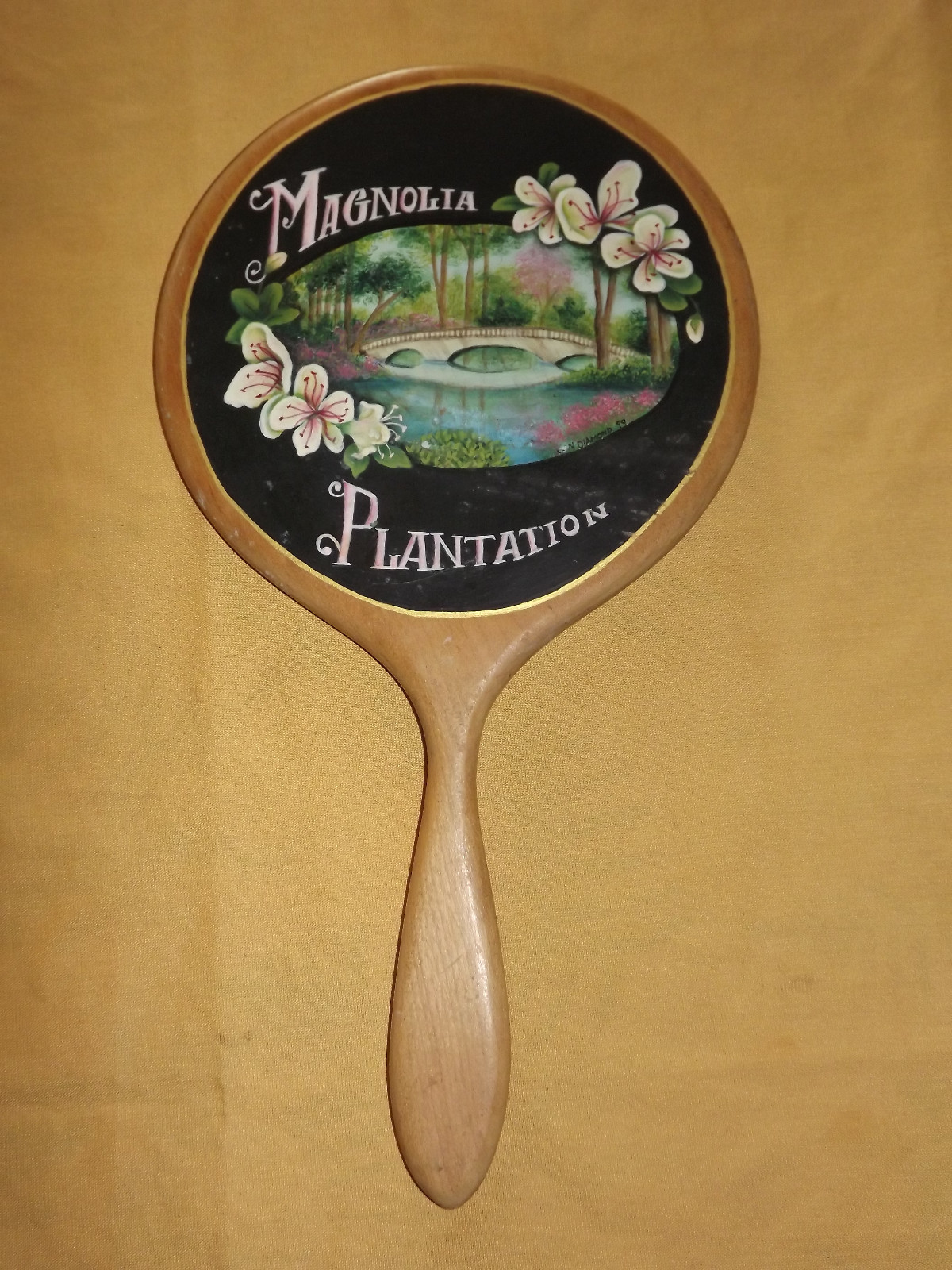 VINTAGE ARTIST DIAMOND  MAGNOLIA PLANTATION HAND PAINTED VANITY HAND  MIRROR