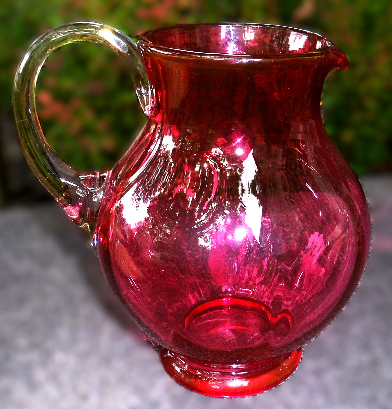 Vintage Cranberry Glass Pitcher Applied Clear Handle Polished Pontil Optic Melon