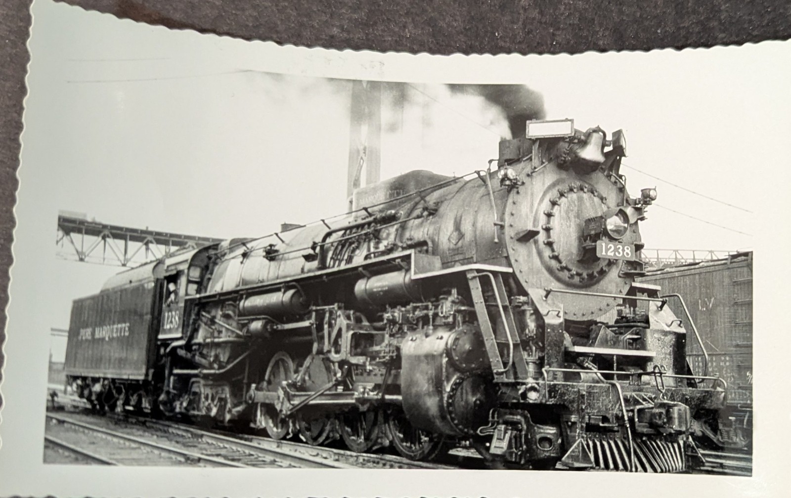 **VINTAGE PERE MARQUETTE RAILROAD STEAM LOCOMOTIVE NO. 1238 BL/WH PHOTO**