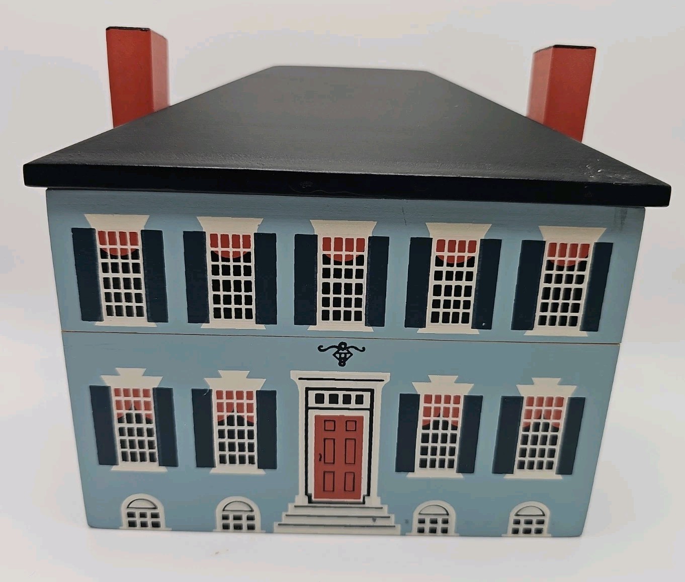 Vintage 1984 Windfield Designs Wooden House Recipe Box Georgian Colonial Blue