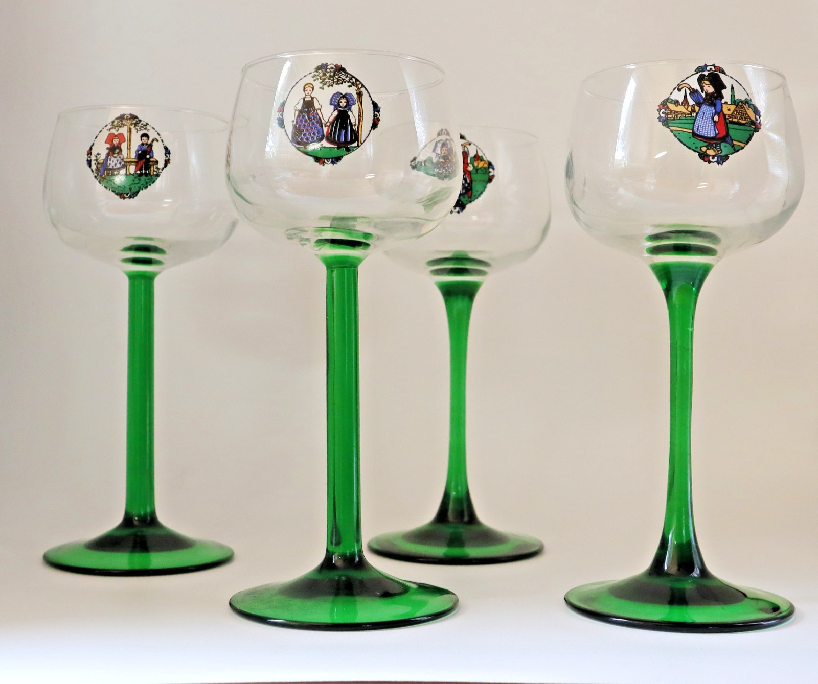 Vintage Luminarc France Alsace Wine Glasses Green Stem Hansi Folk Art Set of 4