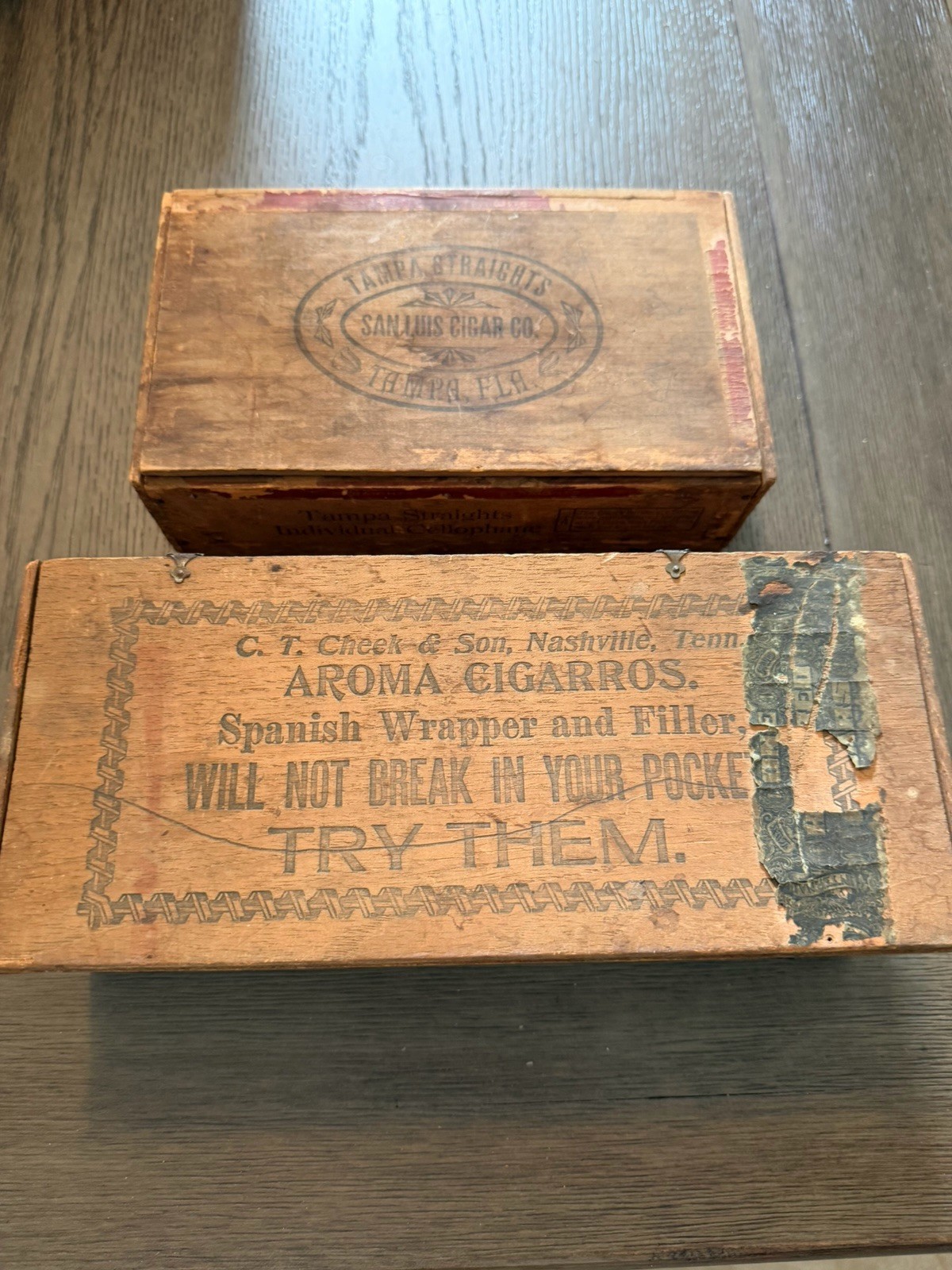 Vtg C.T. Cheek & Son Aroma Cigarros and Tampa Straights wooden cigar boxes Lot 2