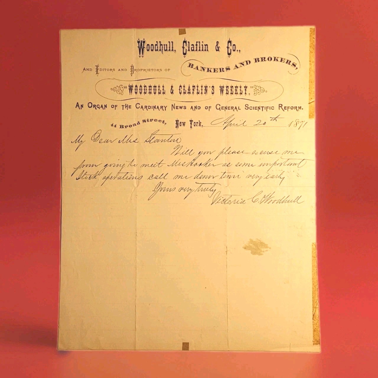 1871 Victoria Woodhull ALS - Elizabeth Cady Stanton 1st Women\'s Presidential Run