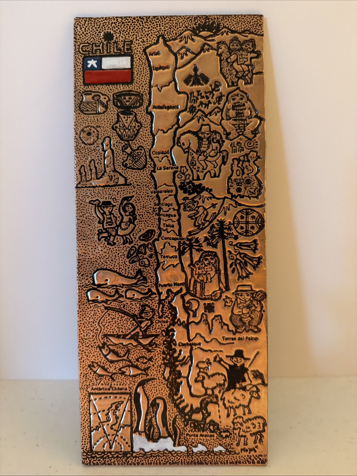Copper Embossed Wall Map and Tourist Attractions of Chile Souvenir Vintage