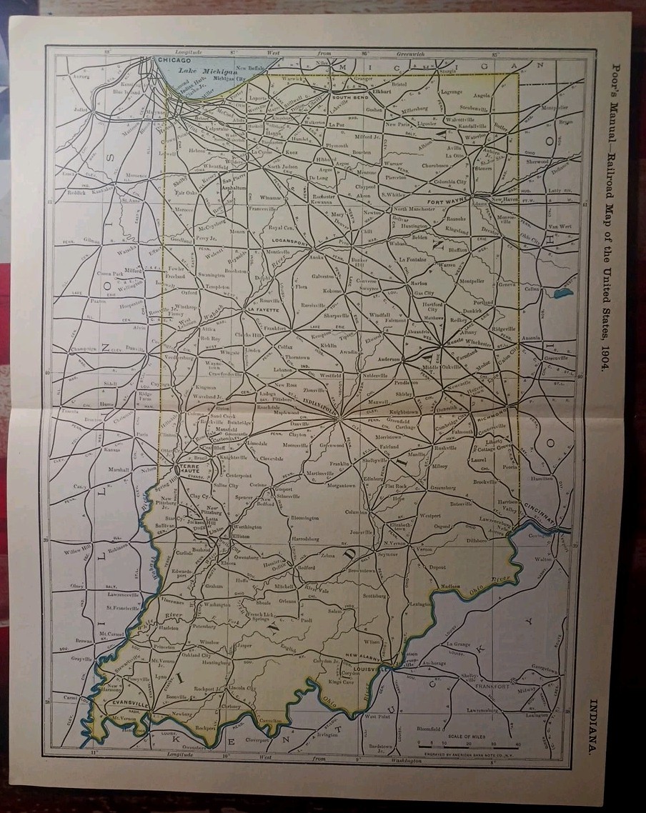 ~1904 Vintage Railroad Map INDIANA all Lines Trains & Depots marked 11\