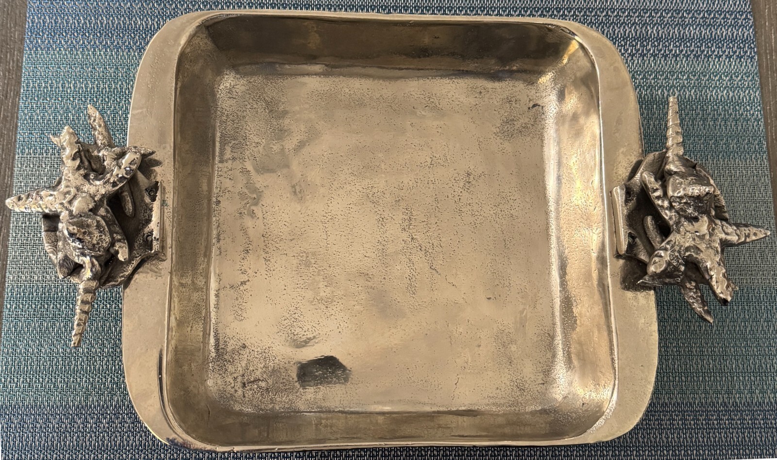 VTG Polished Pewter Lasagna Pan square starfish seashell handles 11