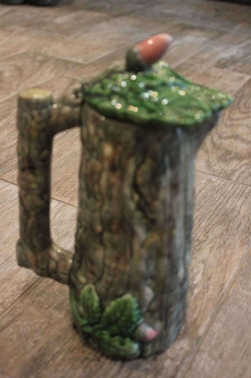 Vintage Majolica Pitcher Lid Shape of Tree & Flowers / Berries. Portugal Signed