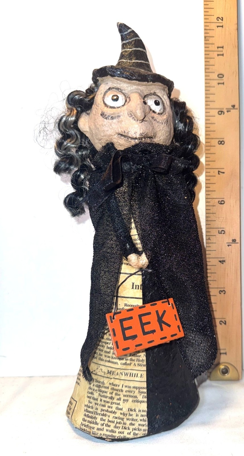 Monnie Wilson? Halloween Witch Figurine Black Cape Hat folk art paper mache