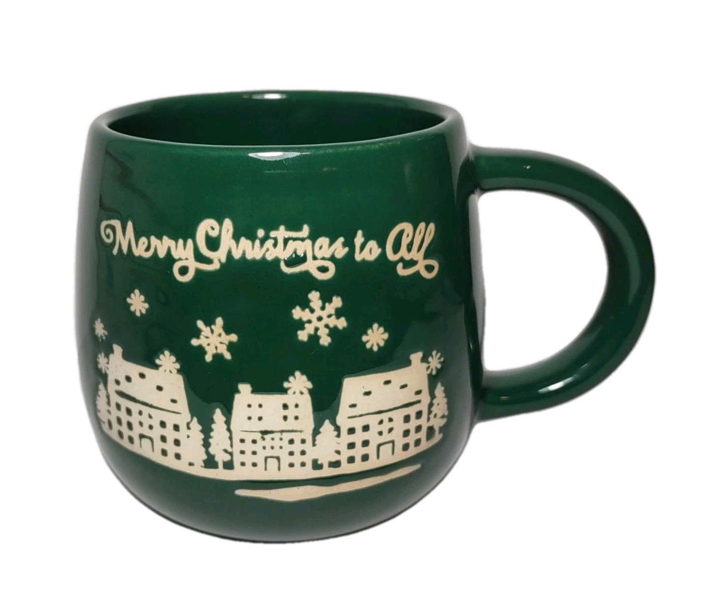 Coffee Mug Ceramic Merry Christmas To All Snow Flakes Houses Trees Holiday Green