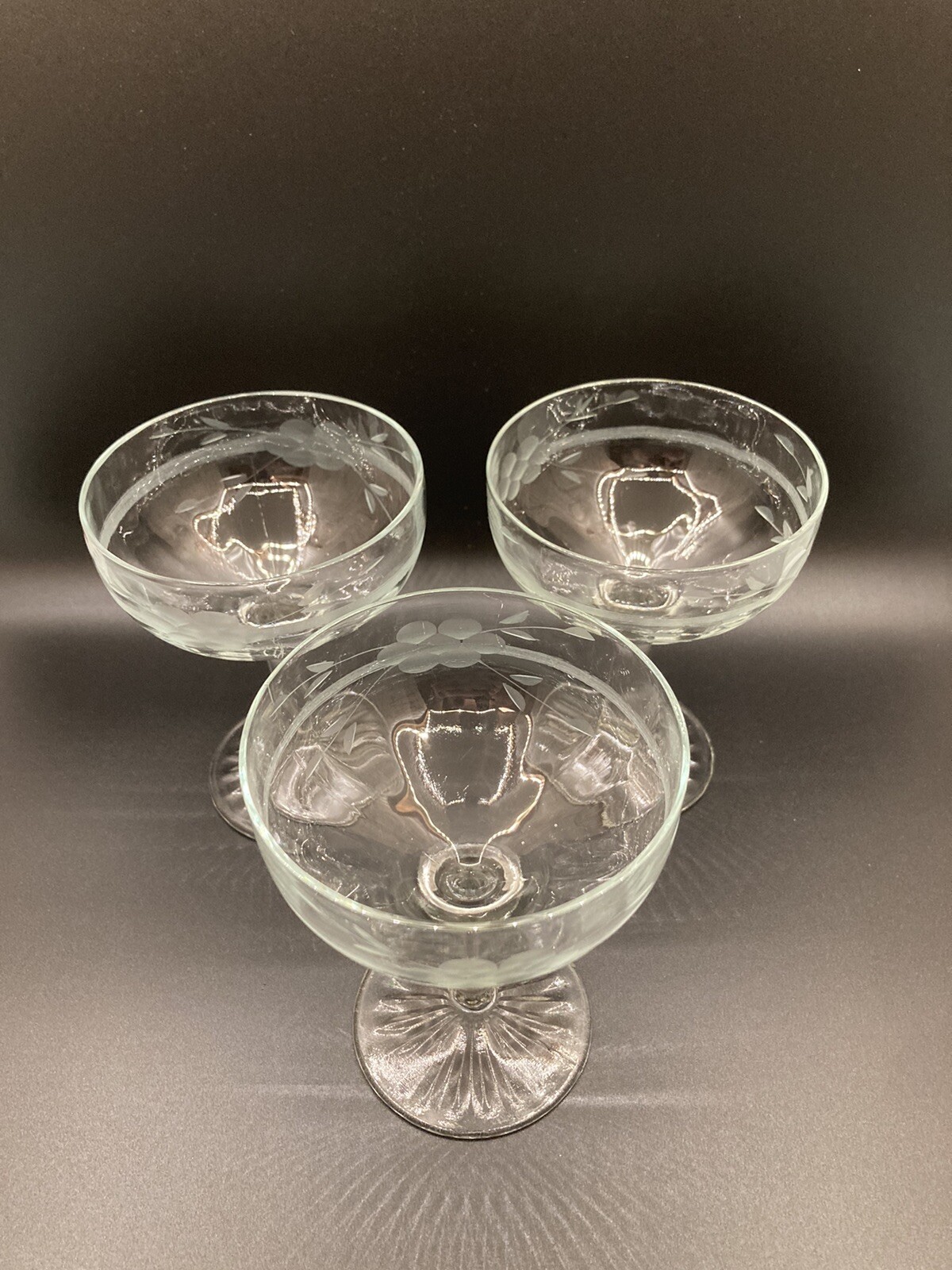 3 Vtg Etched Coupe Champagne Glasses Crystal Cocktail Stemware Barware Glassware