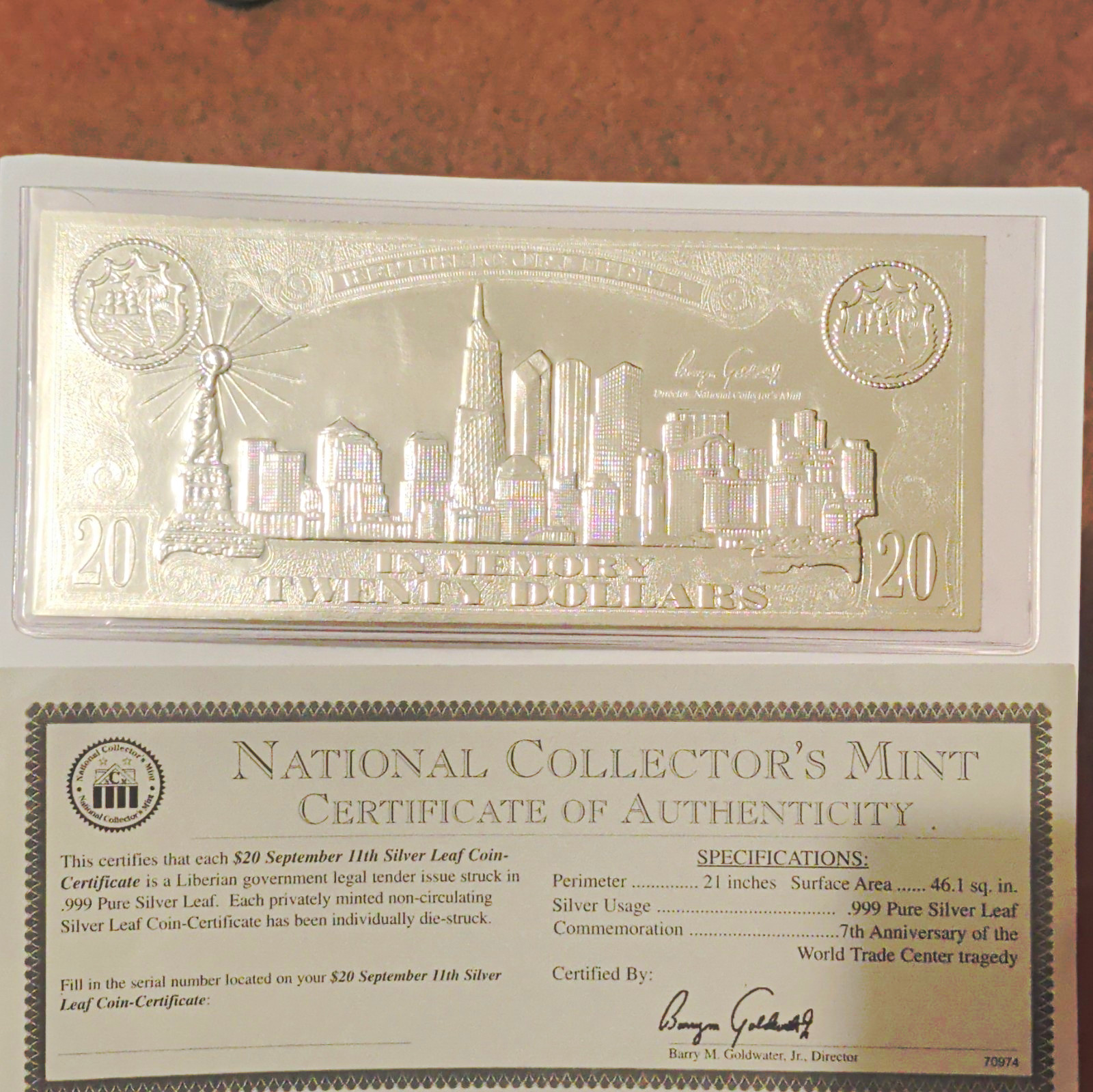 National Collector\'s Mint $20 9/11 .999 Silver Leaf Coin w/ COA