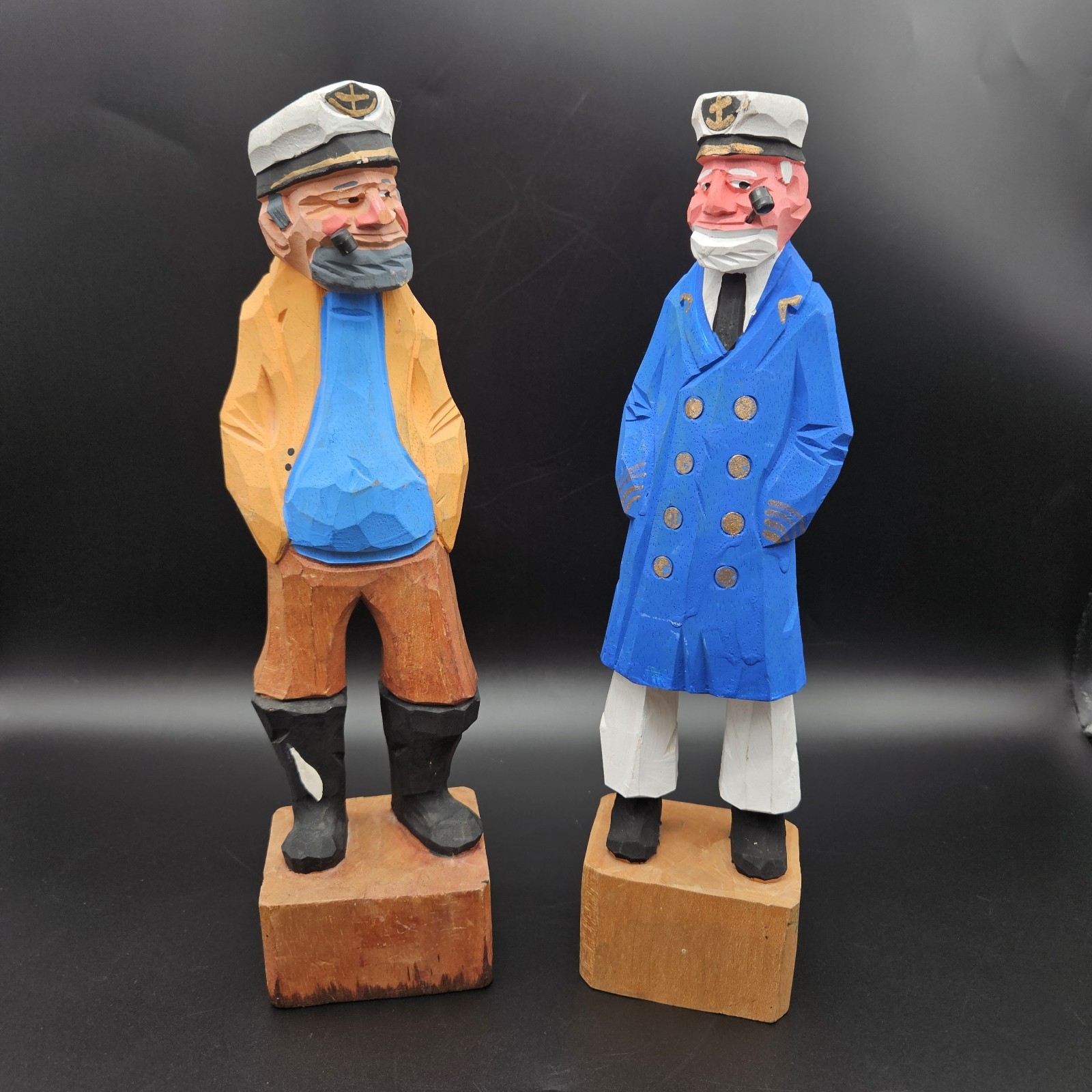 2 VTG Hand Carved Wooden Sea Captain & Fisherman Nautical Figurines Folk Art 12\