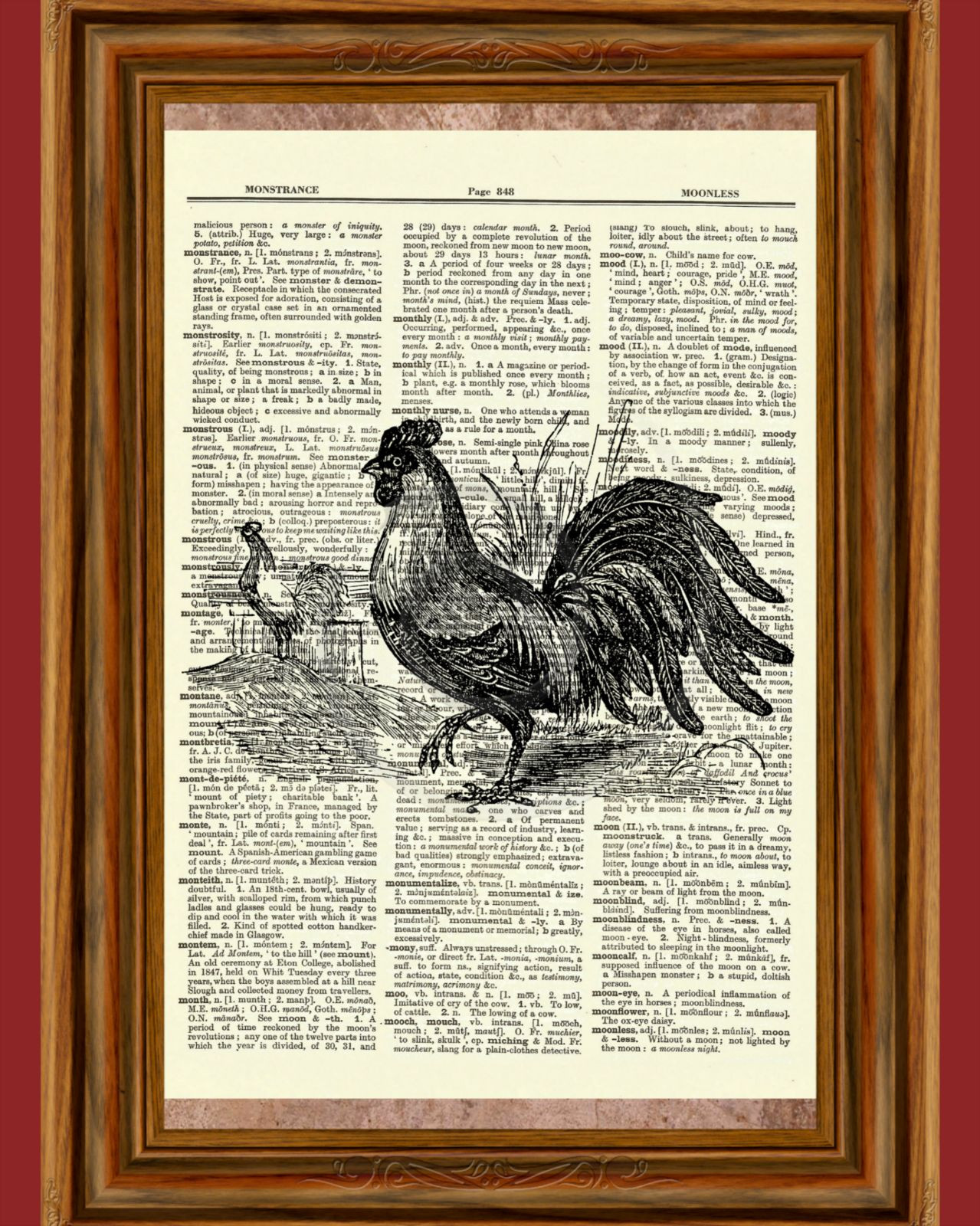 Rooster Dictionary Art Print Book Page Picture Poster Vintage Kitchen Wall Decor