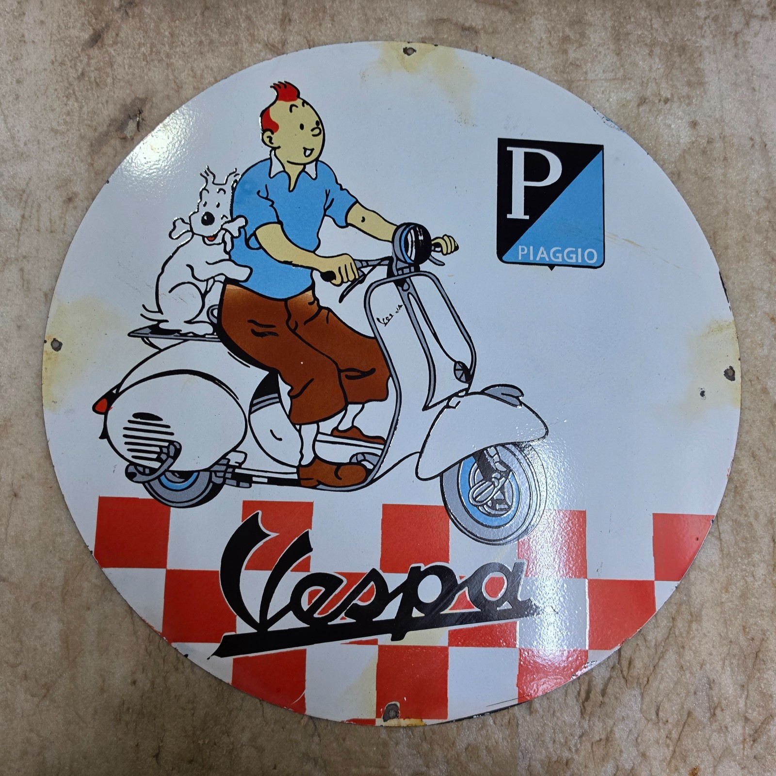 VESPA TINTIN 29 X 29 INCHES PORCELAIN ENAMEL SIGN