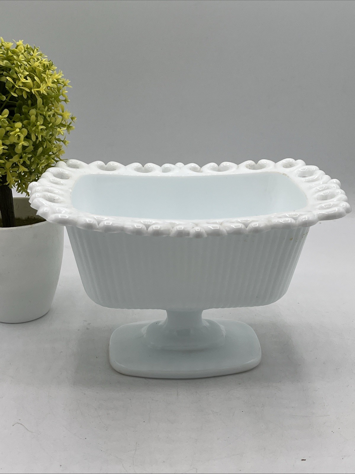 Vintage White Milk Glass Compote Rectangle Ribbed Laced Bowl Dish