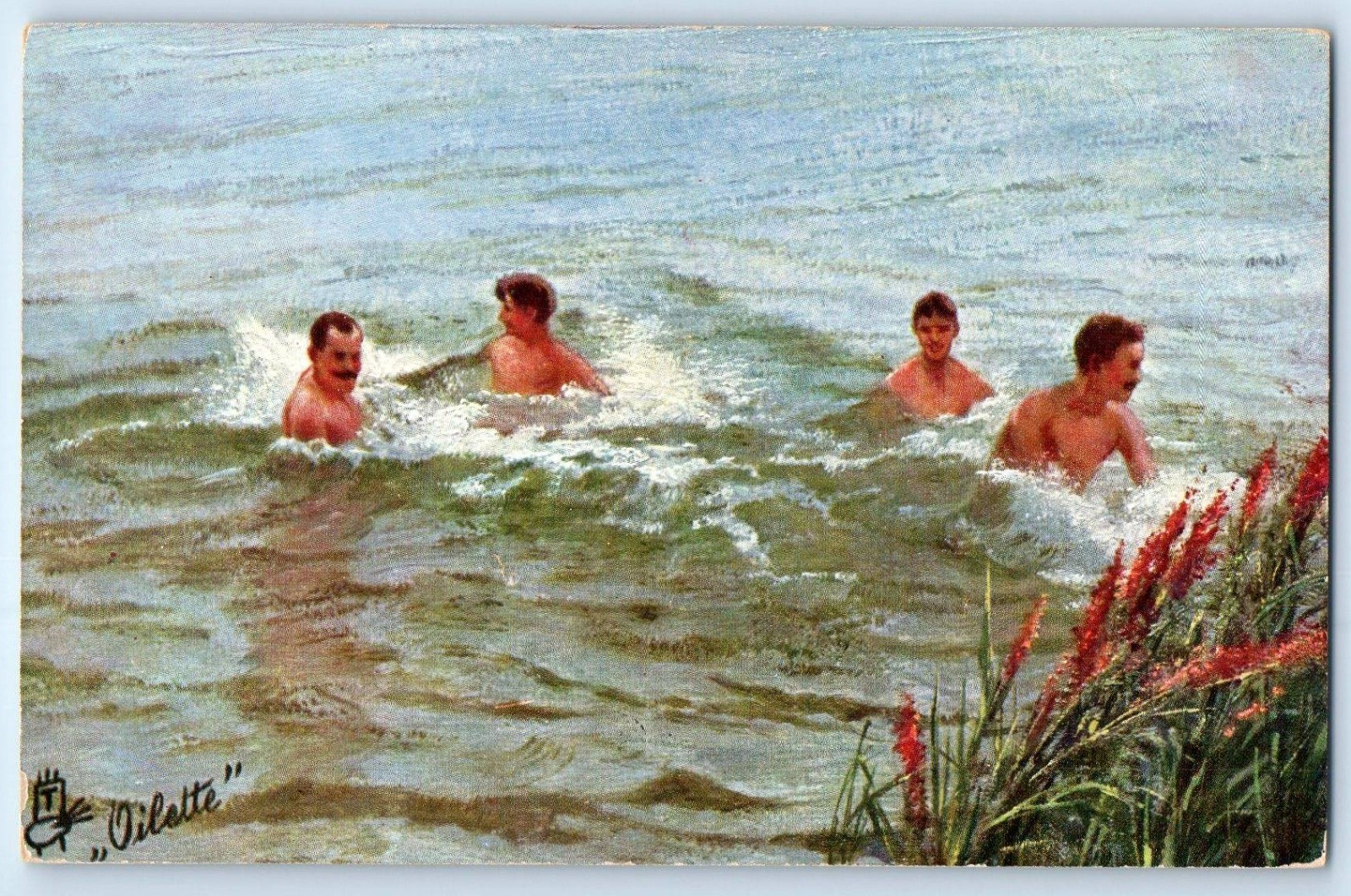 c1910\'s Men And Young Boy Swimming Hole Oilette Tuck Unposted Antique Postcard