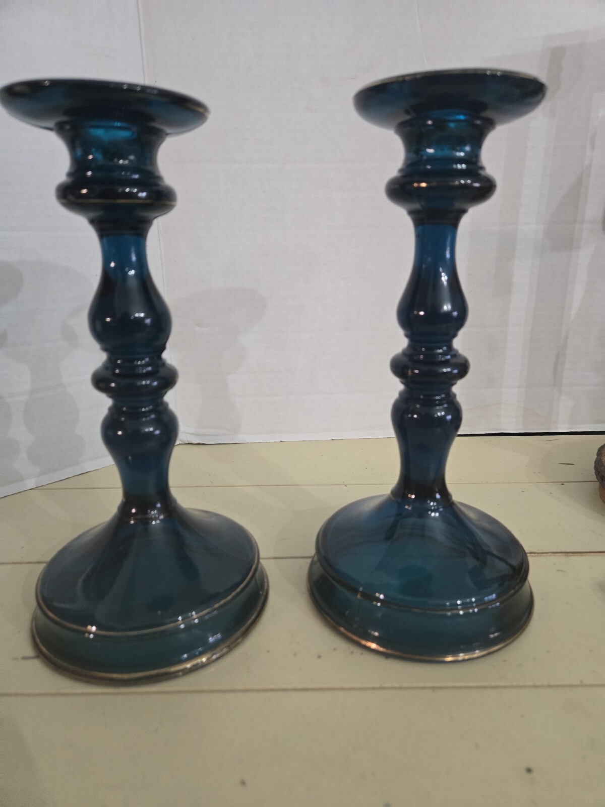 Pair Tiffin Glass 76 Peacock Blue Candle Holder Candle Stick 9\