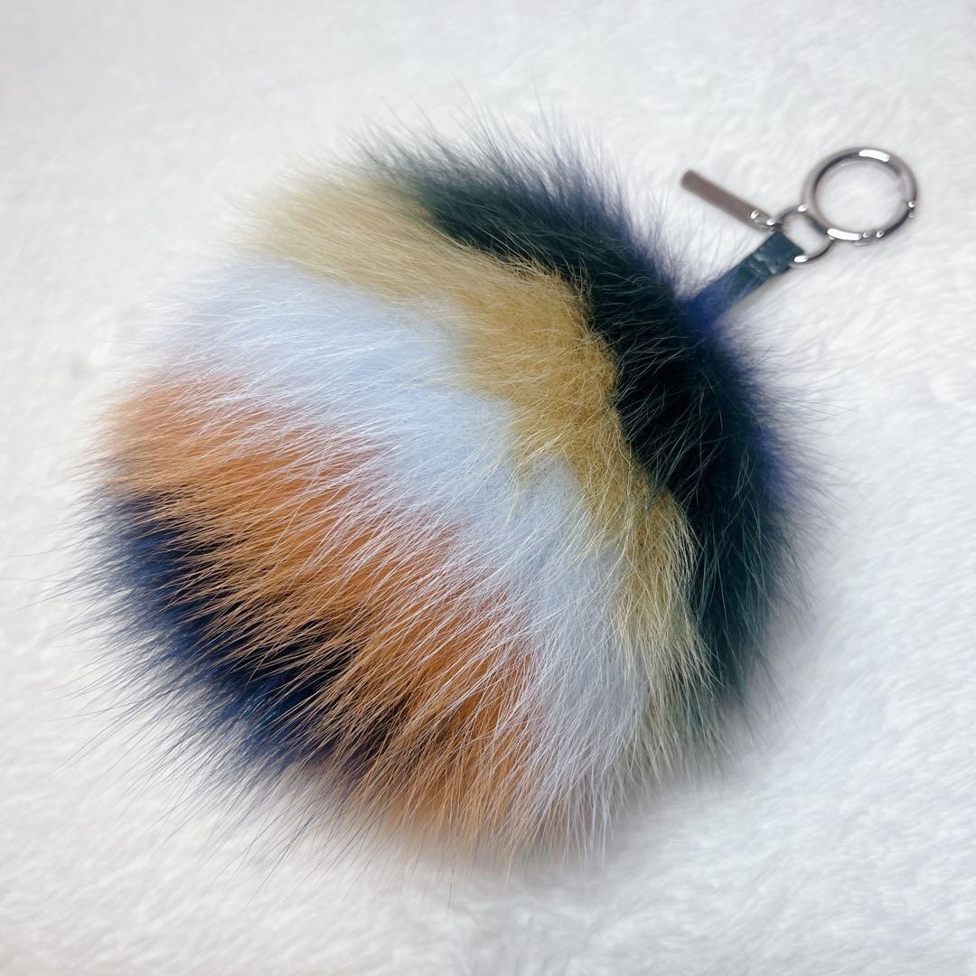 FENDI Pom Pom Multicolor Fox Fur Leather Keychain Used Japan