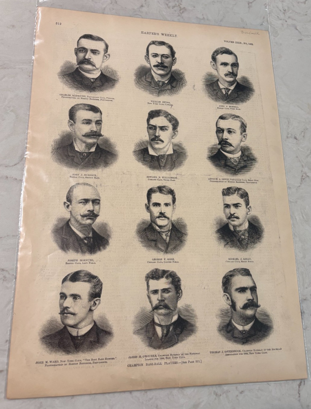 Original 1885 Harpers Weekly Champion Baseball Players Single Page Ewing Kelly